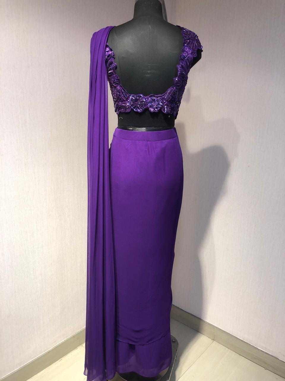 PURPLE DRAPE SAREE WITH APPLIQUE FLORAL WORK BLOUSE