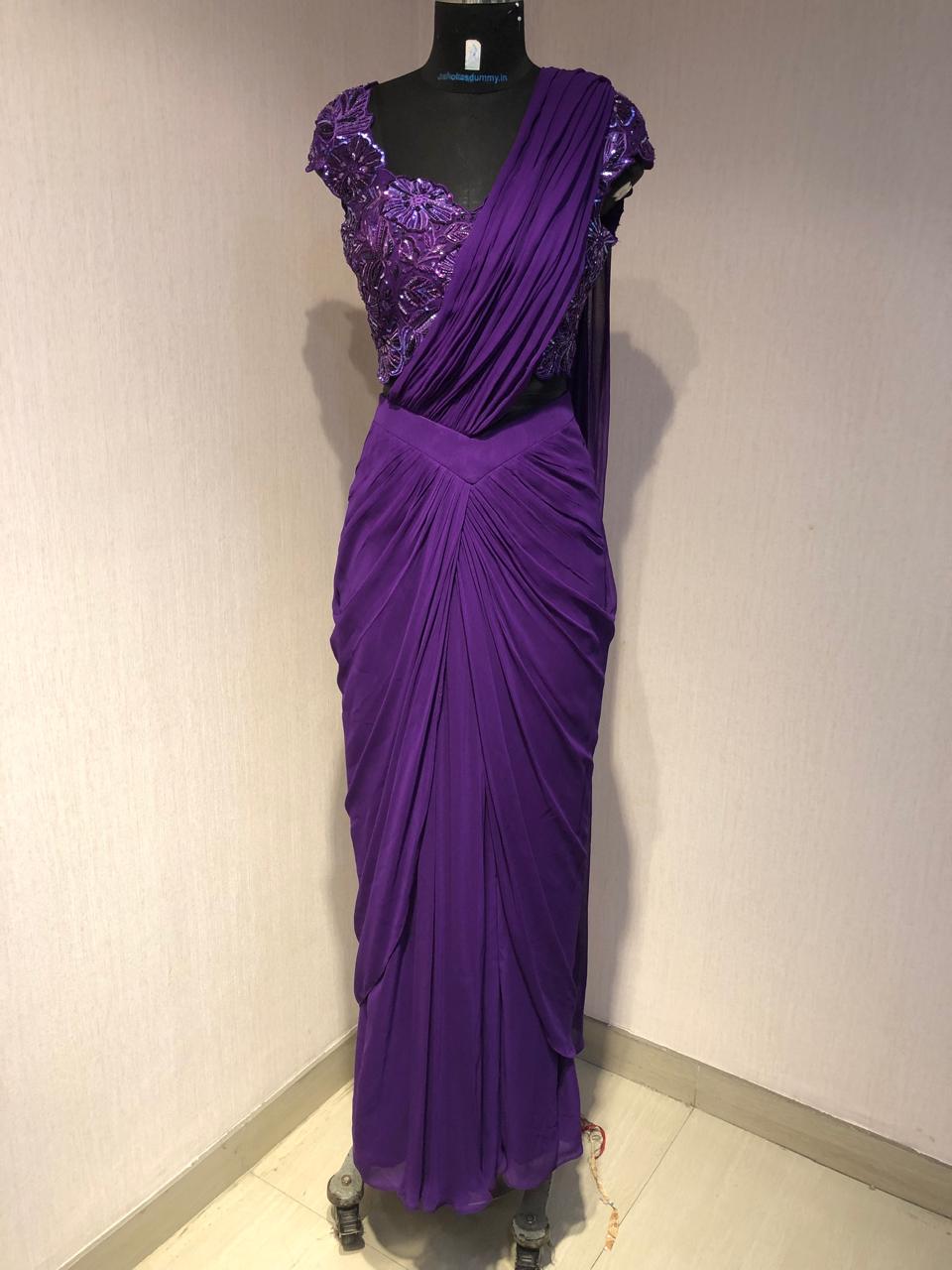 PURPLE DRAPE SAREE WITH APPLIQUE FLORAL WORK BLOUSE