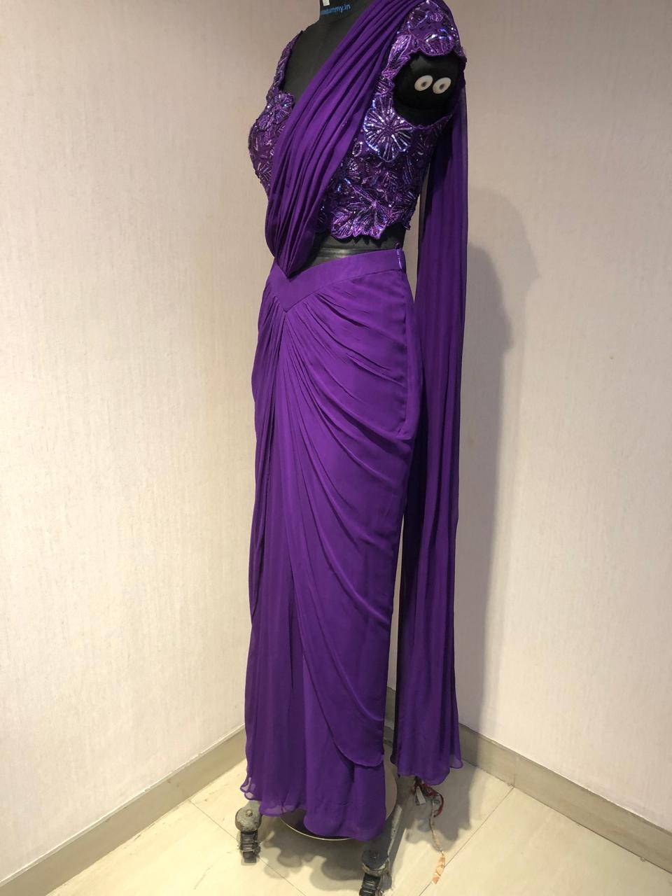 PURPLE DRAPE SAREE WITH APPLIQUE FLORAL WORK BLOUSE