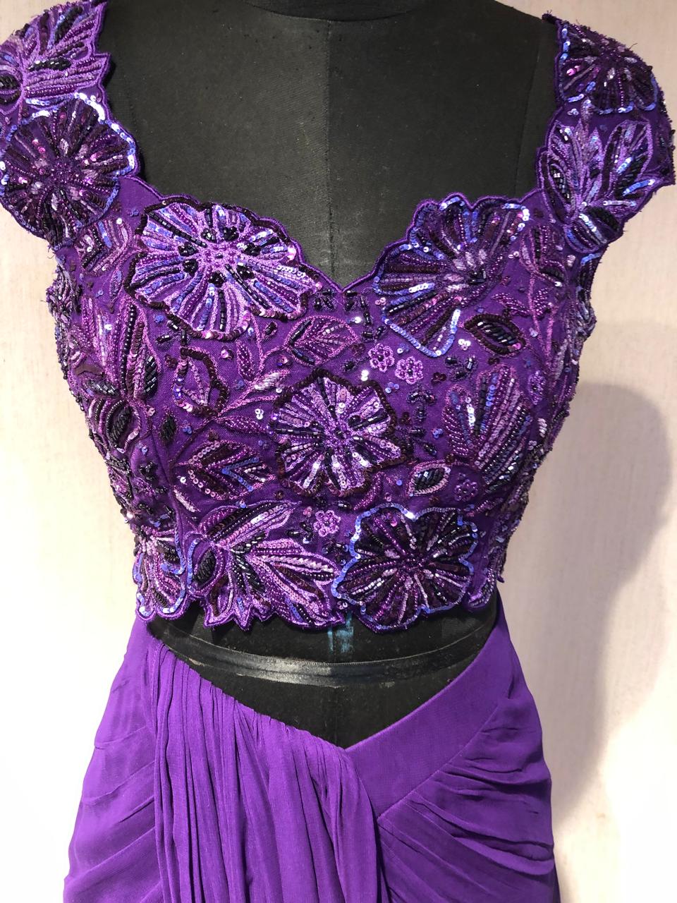 PURPLE DRAPE SAREE WITH APPLIQUE FLORAL WORK BLOUSE