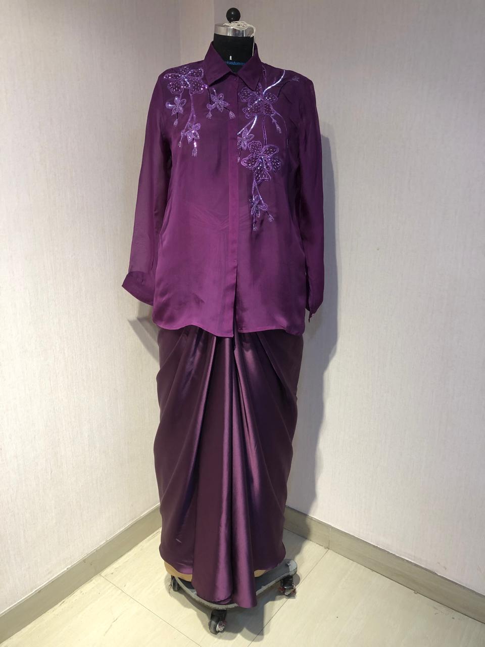 PURPLE ORGANZA EMBROIDERED TOP DRAPED SATIN SKIRT