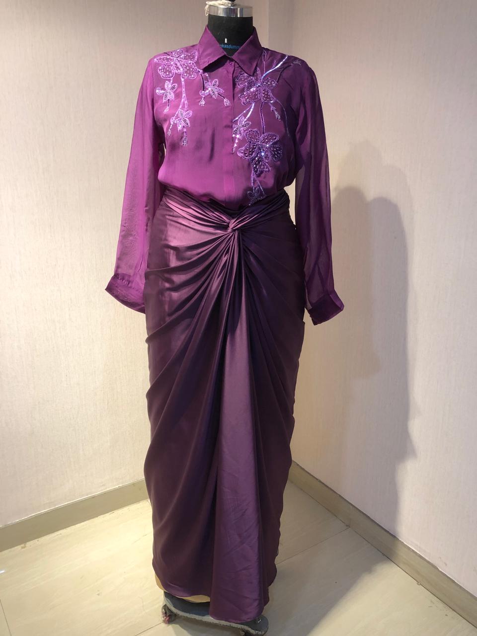 PURPLE ORGANZA EMBROIDERED TOP DRAPED SATIN SKIRT