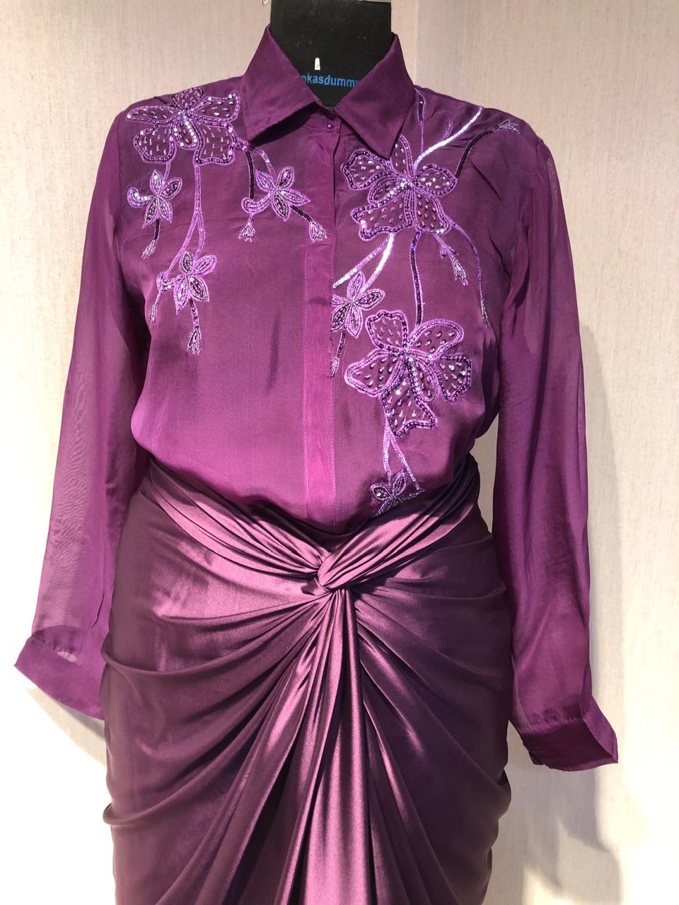 PURPLE ORGANZA EMBROIDERED TOP DRAPED SATIN SKIRT