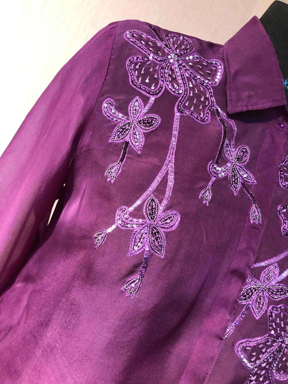 PURPLE ORGANZA EMBROIDERED TOP DRAPED SATIN SKIRT