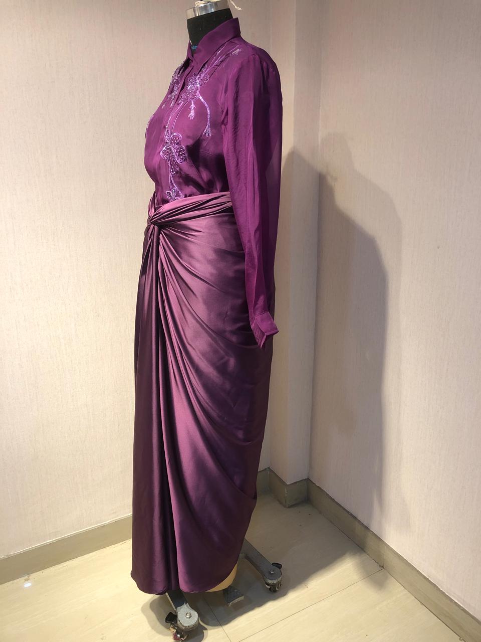 PURPLE ORGANZA EMBROIDERED TOP DRAPED SATIN SKIRT