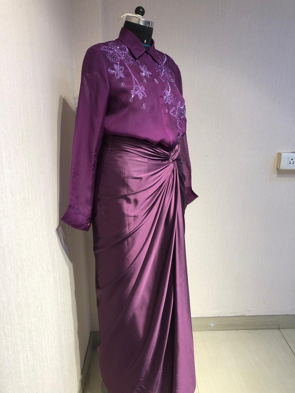 PURPLE ORGANZA EMBROIDERED TOP DRAPED SATIN SKIRT