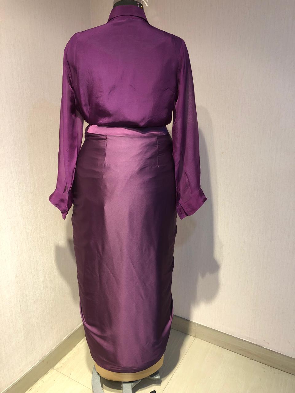 PURPLE ORGANZA EMBROIDERED TOP DRAPED SATIN SKIRT