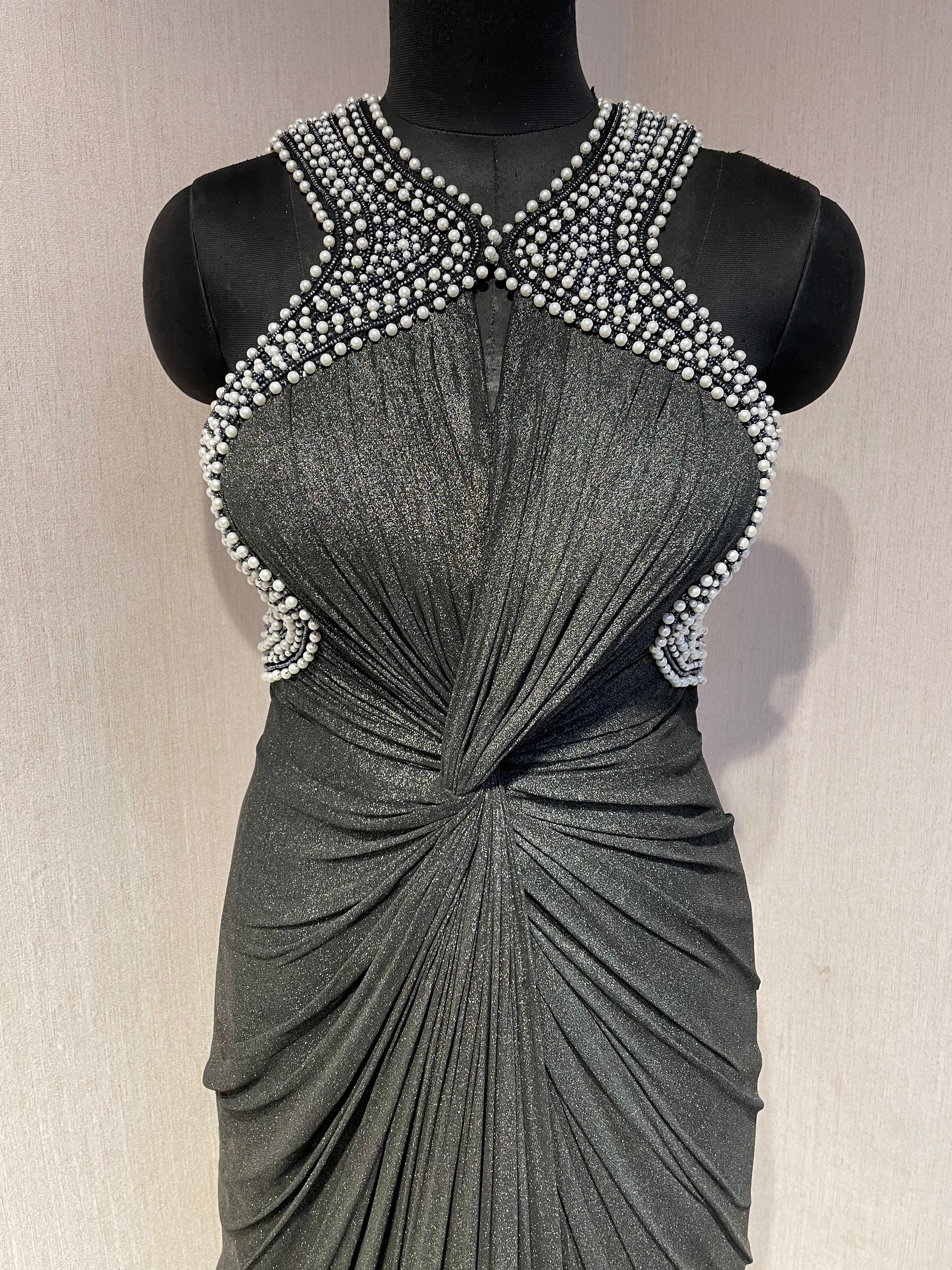 BLACK DRAPED PEARL EMBROIDERED BACKLESS GOWN