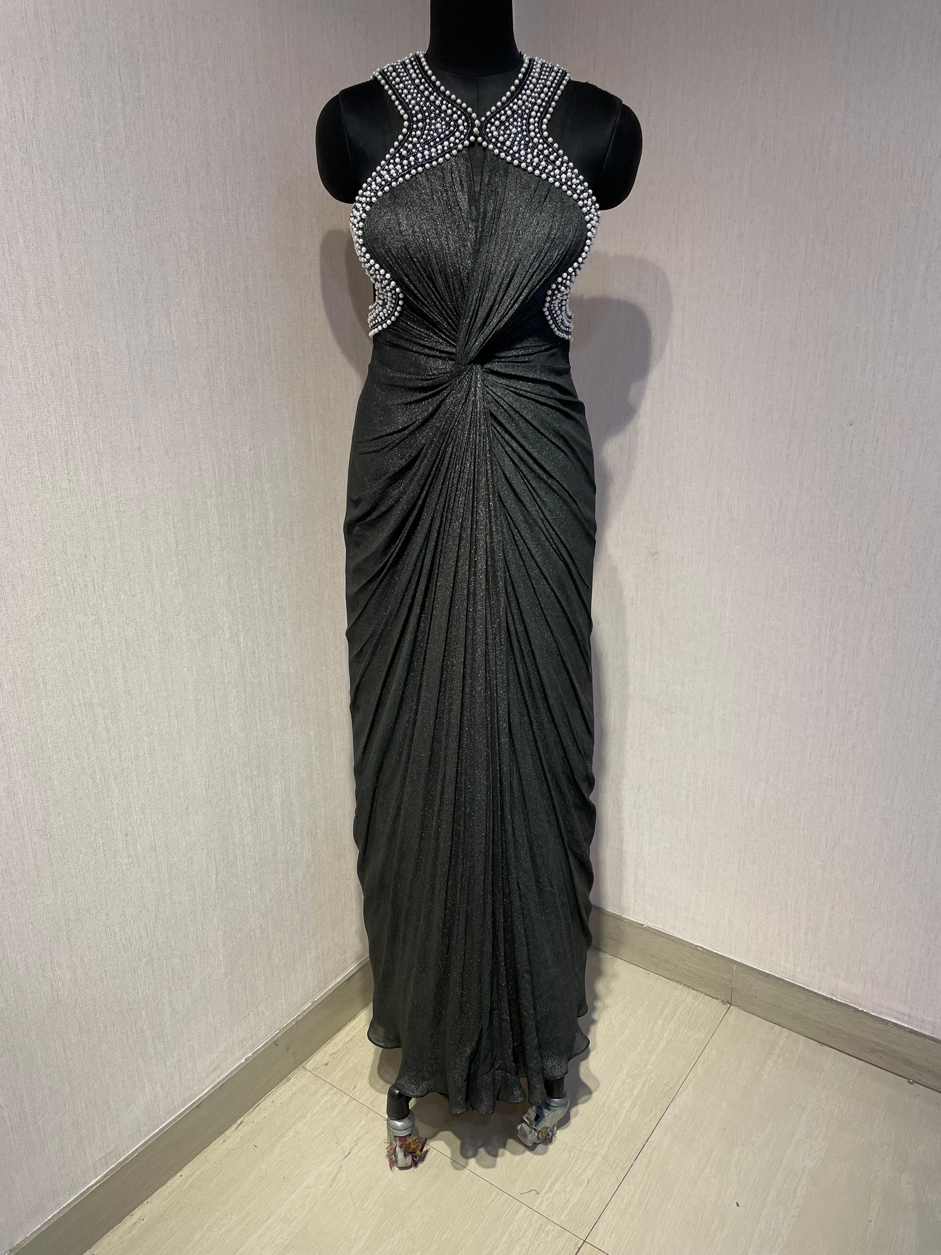 BLACK DRAPED PEARL EMBROIDERED BACKLESS GOWN