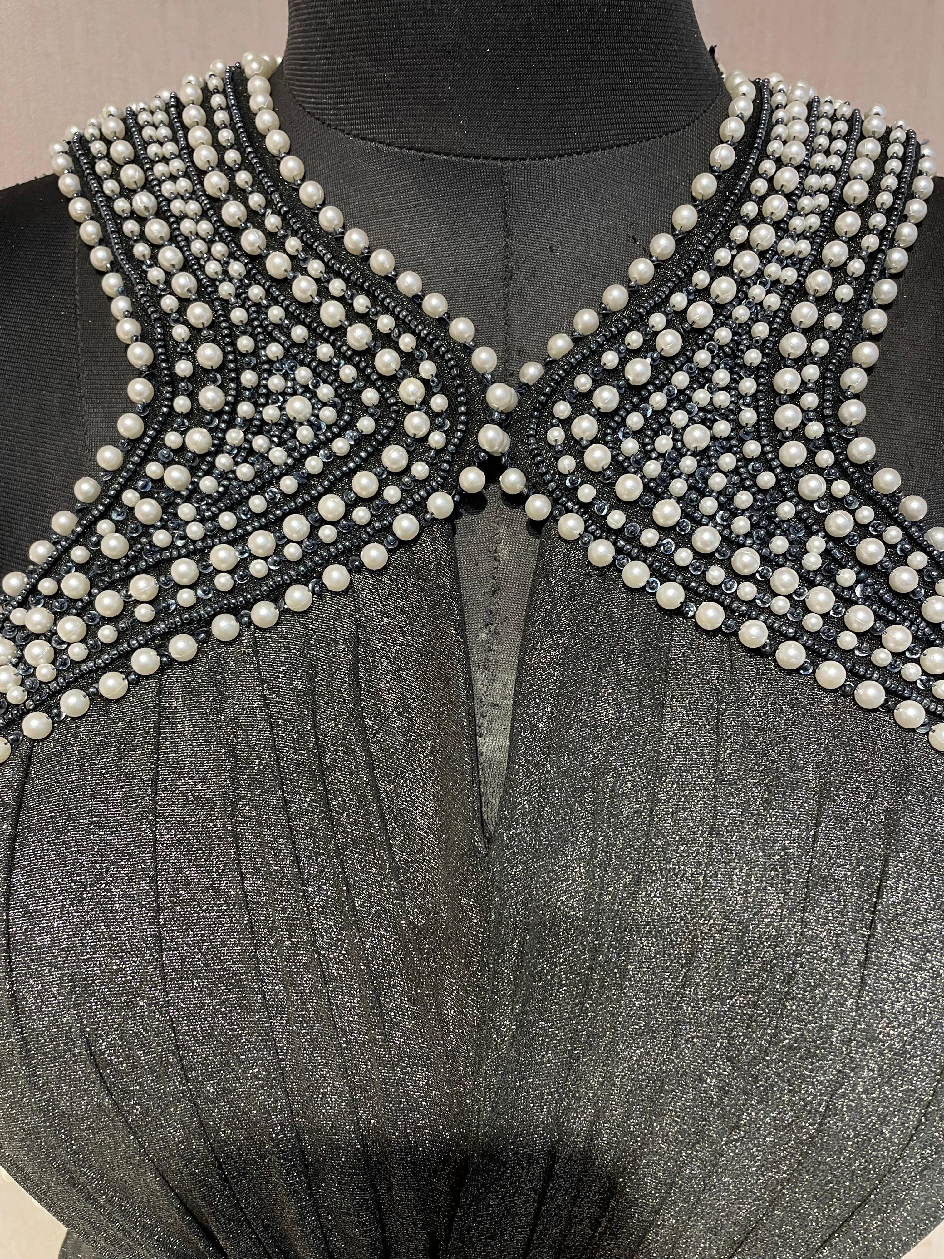 BLACK DRAPED PEARL EMBROIDERED BACKLESS GOWN