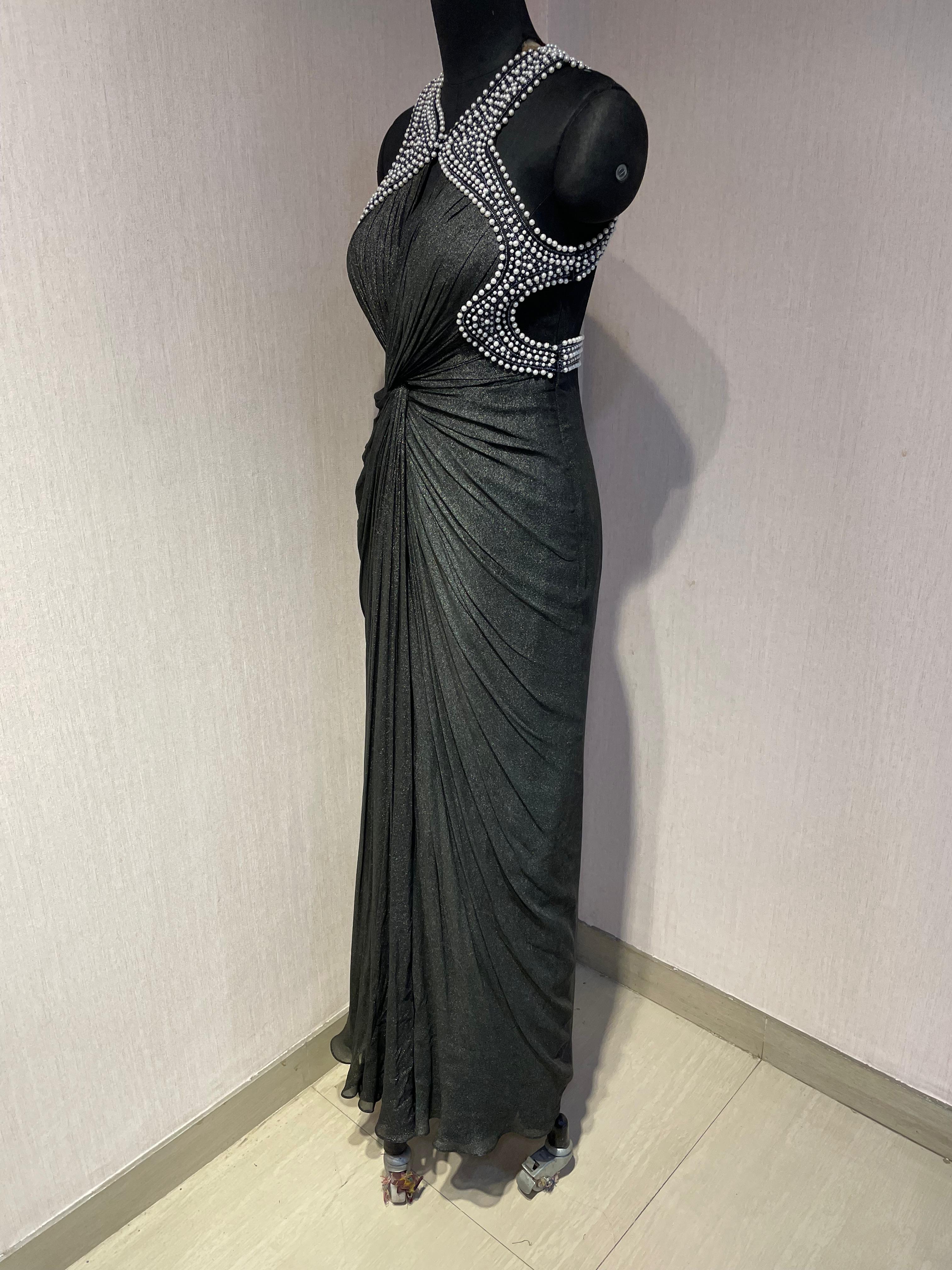 BLACK DRAPED PEARL EMBROIDERED BACKLESS GOWN