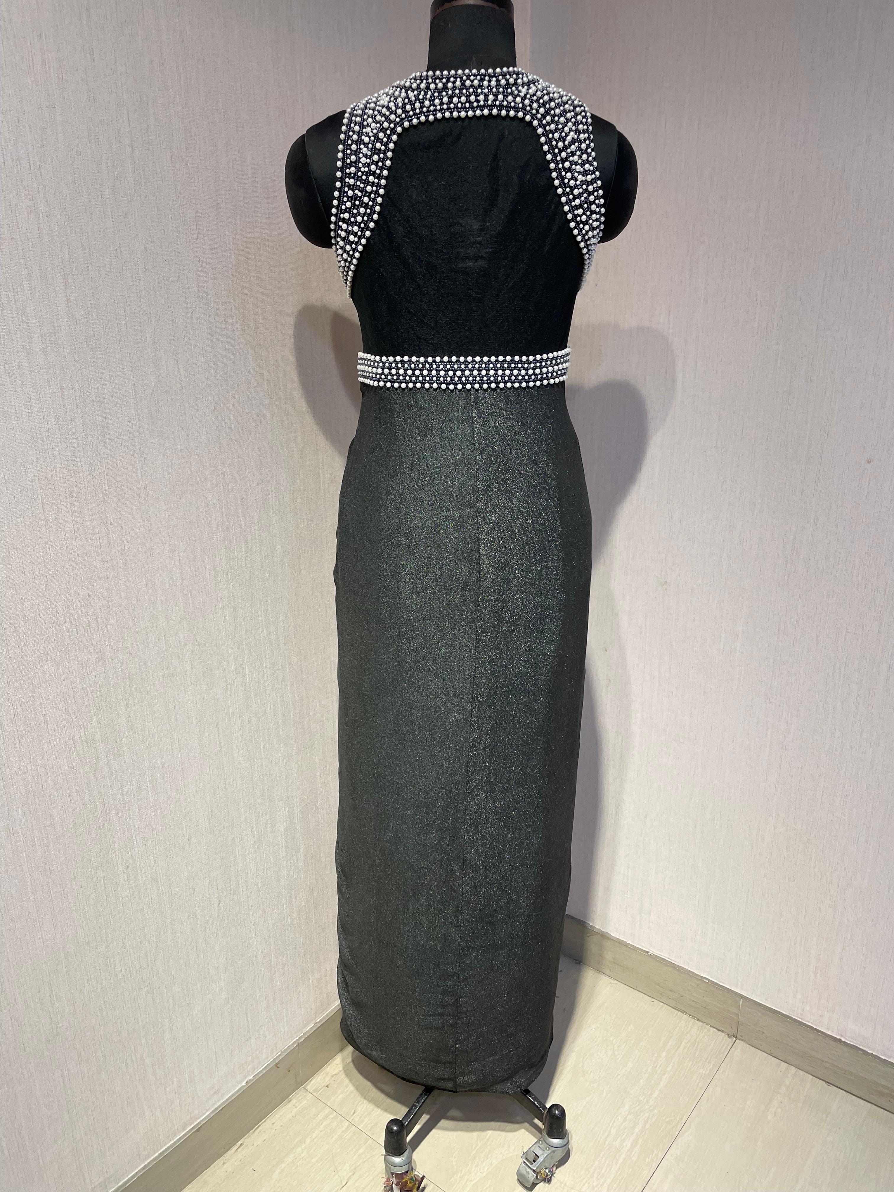 BLACK DRAPED PEARL EMBROIDERED BACKLESS GOWN