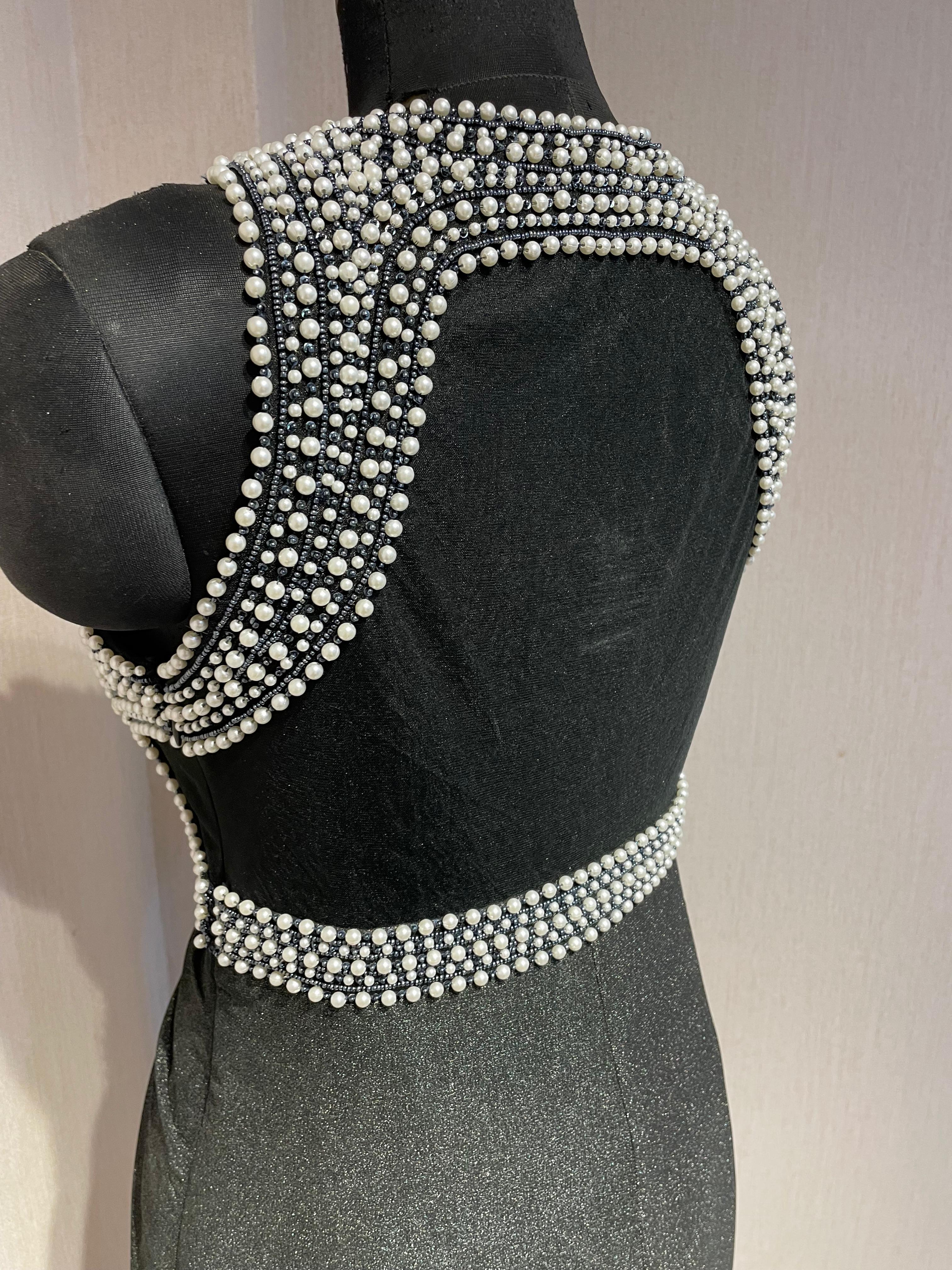 BLACK DRAPED PEARL EMBROIDERED BACKLESS GOWN