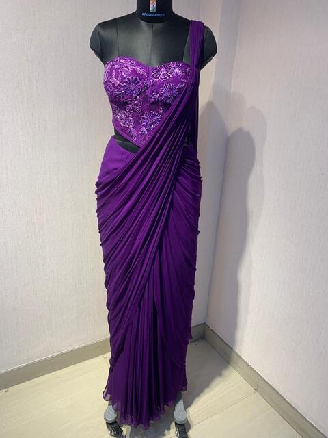 PURPLE CORSET EMBROIDERED BLOUSE WITH DRAPE SAREE