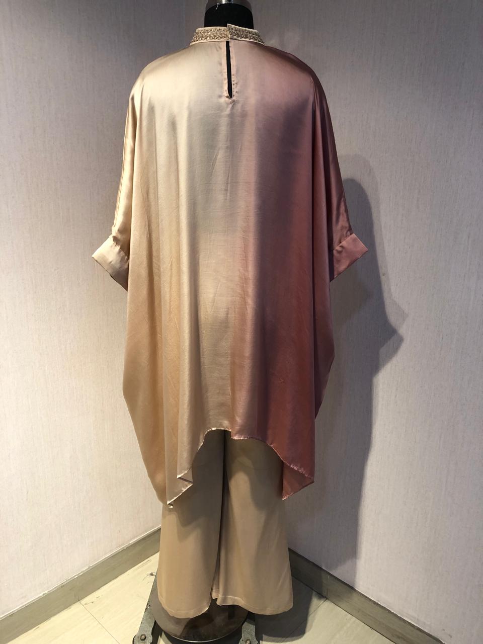 BLUSH & BEIGE SATIN CO ORD SET WITH EMBELLISHED NECKLINE.