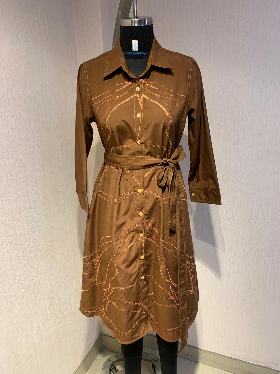 BROWN FLORAL APPLIQUE COTTON SHIRT DRESS WITH TIE UP BELT