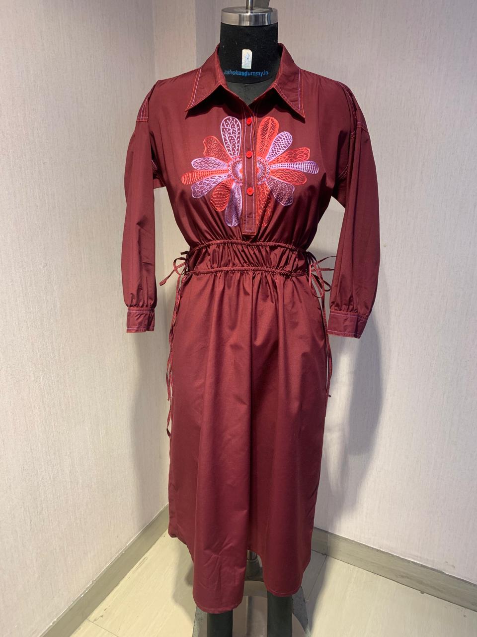 MAROON FLORAL EMBROIDERED  DRESS