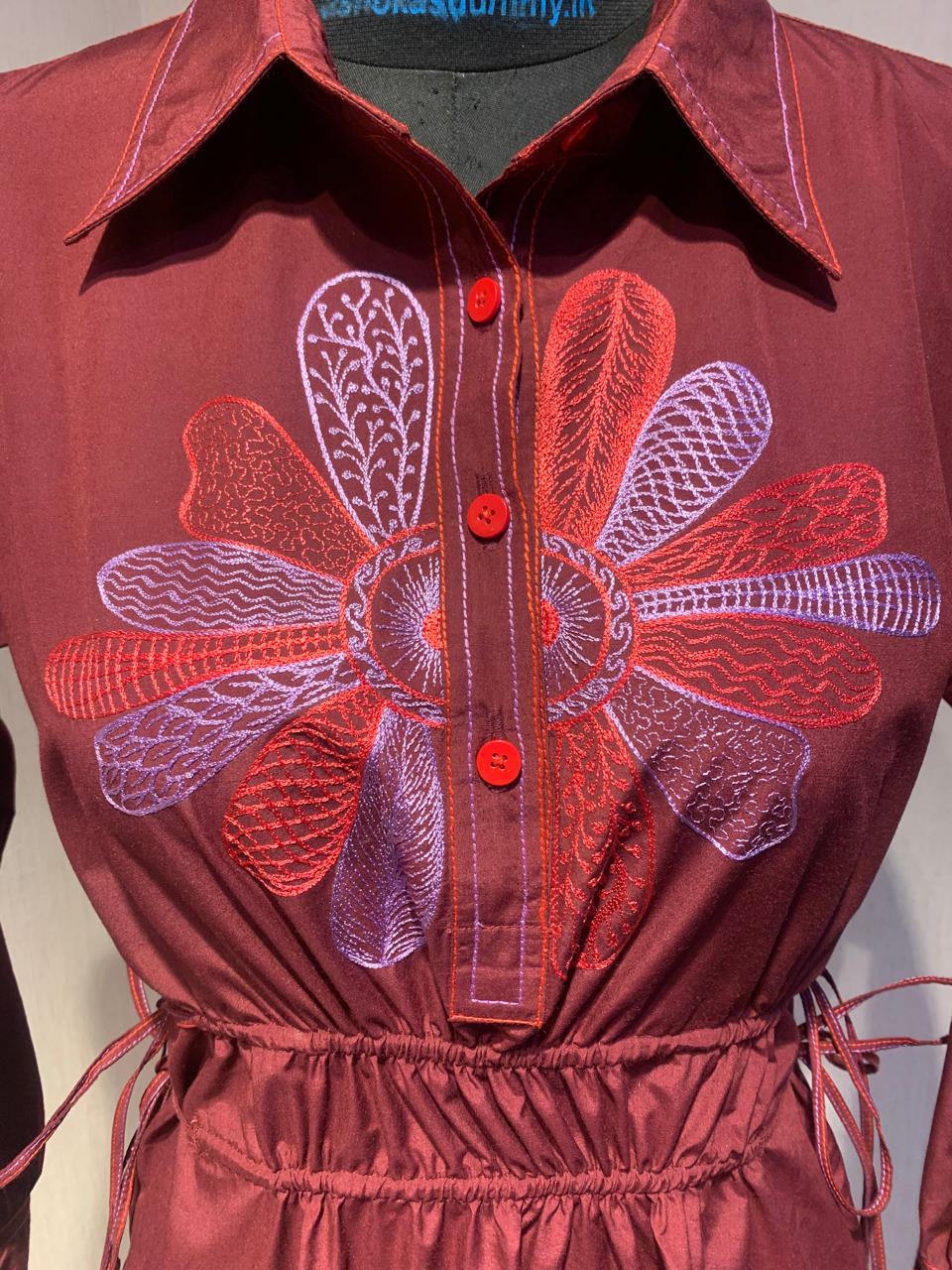 MAROON FLORAL EMBROIDERED  DRESS