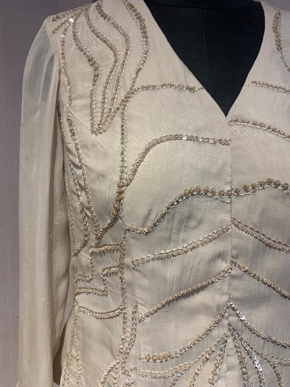 BEIGE EMBROIDERED TOP AND  DRAPED SKIRT