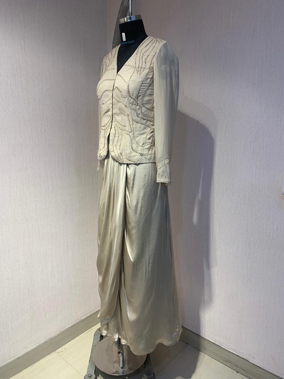 BEIGE EMBROIDERED TOP AND  DRAPED SKIRT