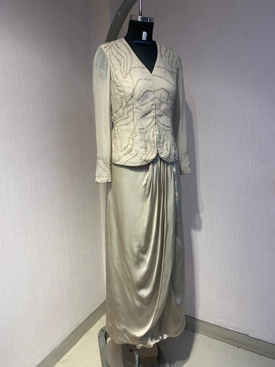 BEIGE EMBROIDERED TOP AND  DRAPED SKIRT