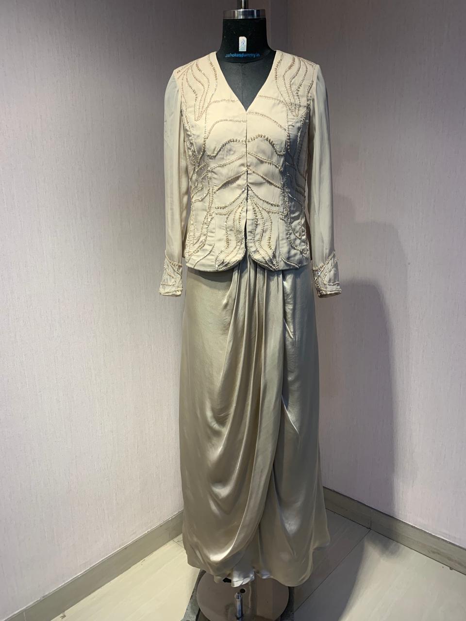 BEIGE EMBROIDERED TOP AND  DRAPED SKIRT