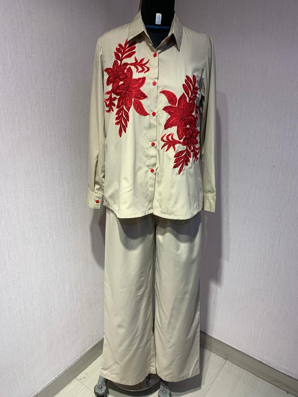 Elegant Beige Co-ord Set with Red Floral Embroidery
