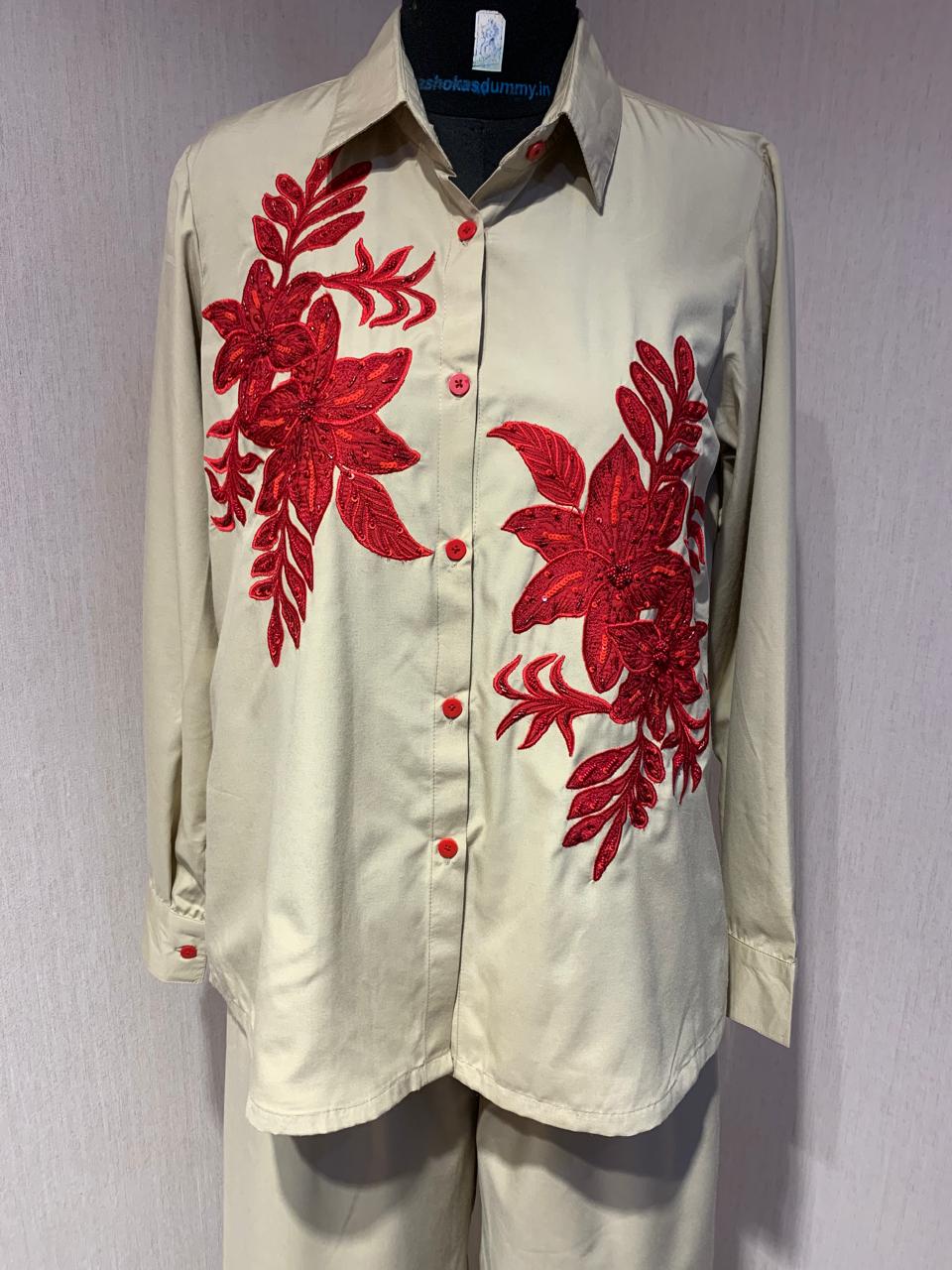 Elegant Beige Co-ord Set with Red Floral Embroidery