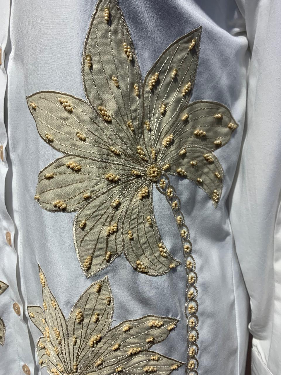 White Co-ord Set with Beige Palm Embroidery