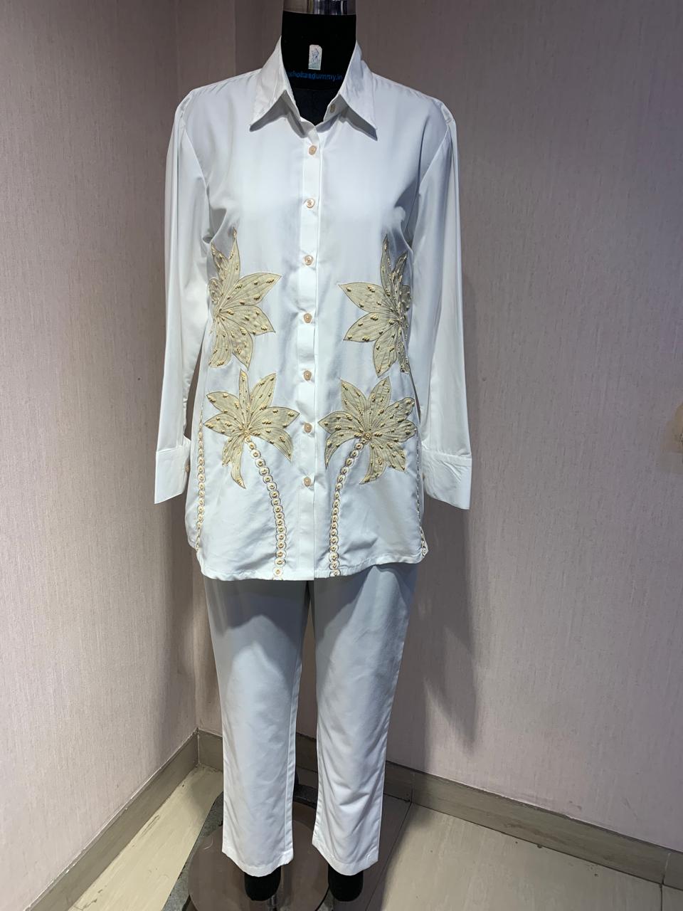 White Co-ord Set with Beige Palm Embroidery