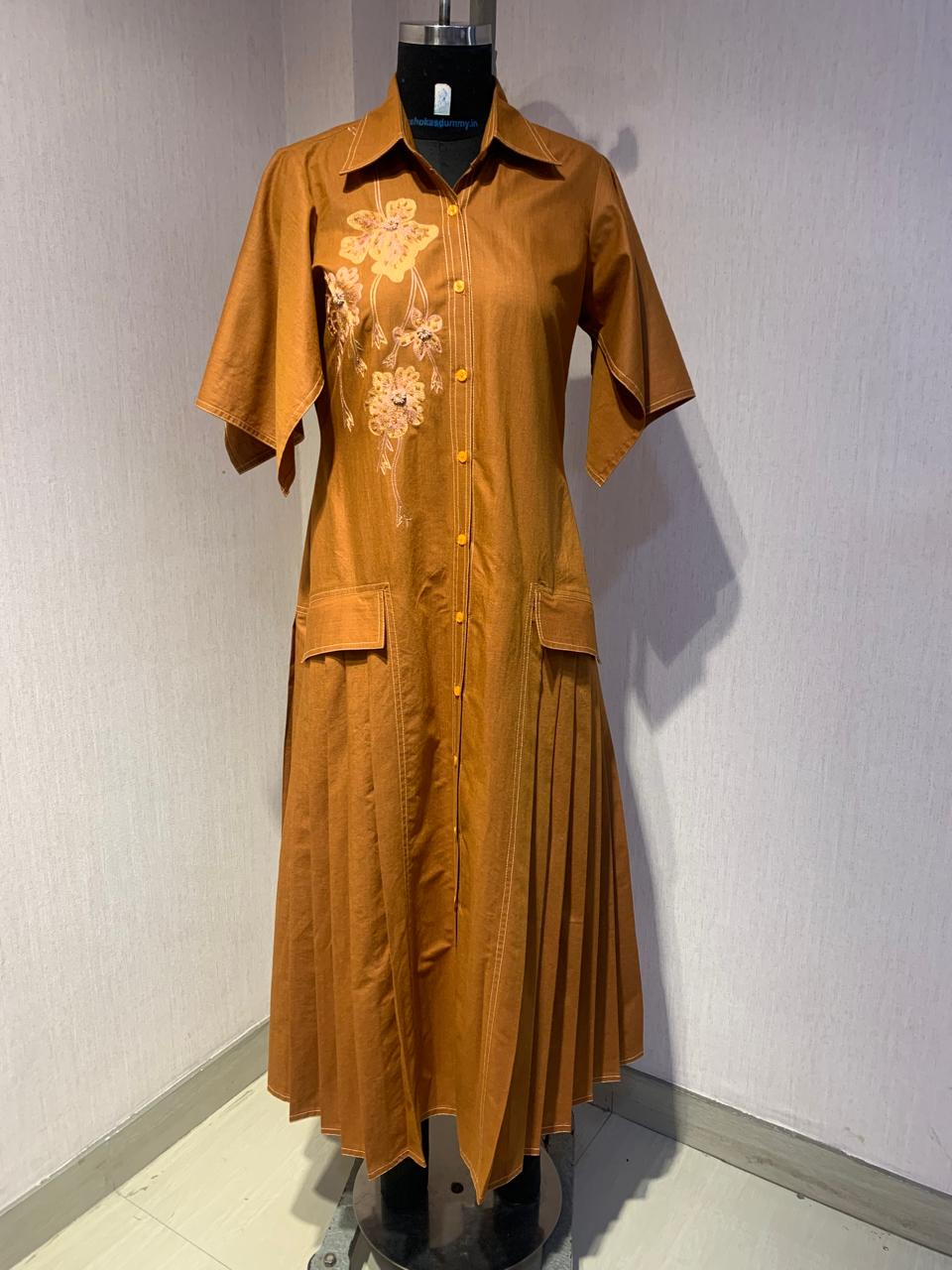 Rust Brown Embroidered Shirt Dress