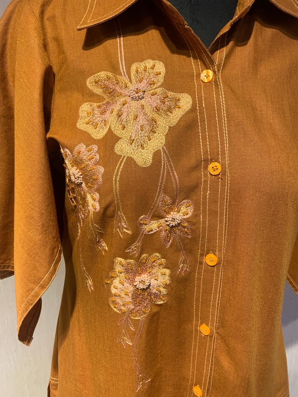 Rust Brown Embroidered Shirt Dress
