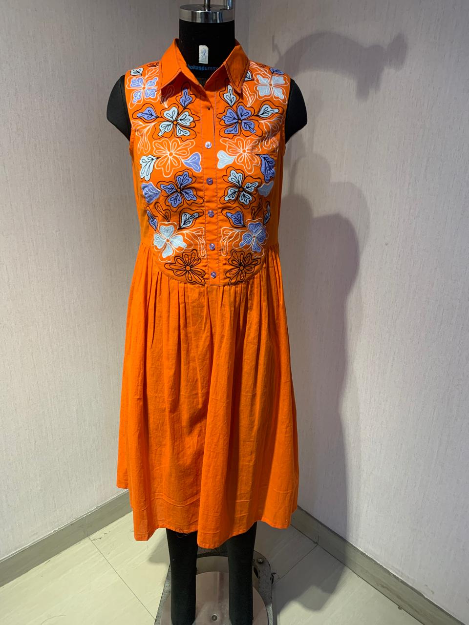 ORANGE FLORAL EMBROIDERED  DRESS WITH A STYLISH AND FRESH LOOK.