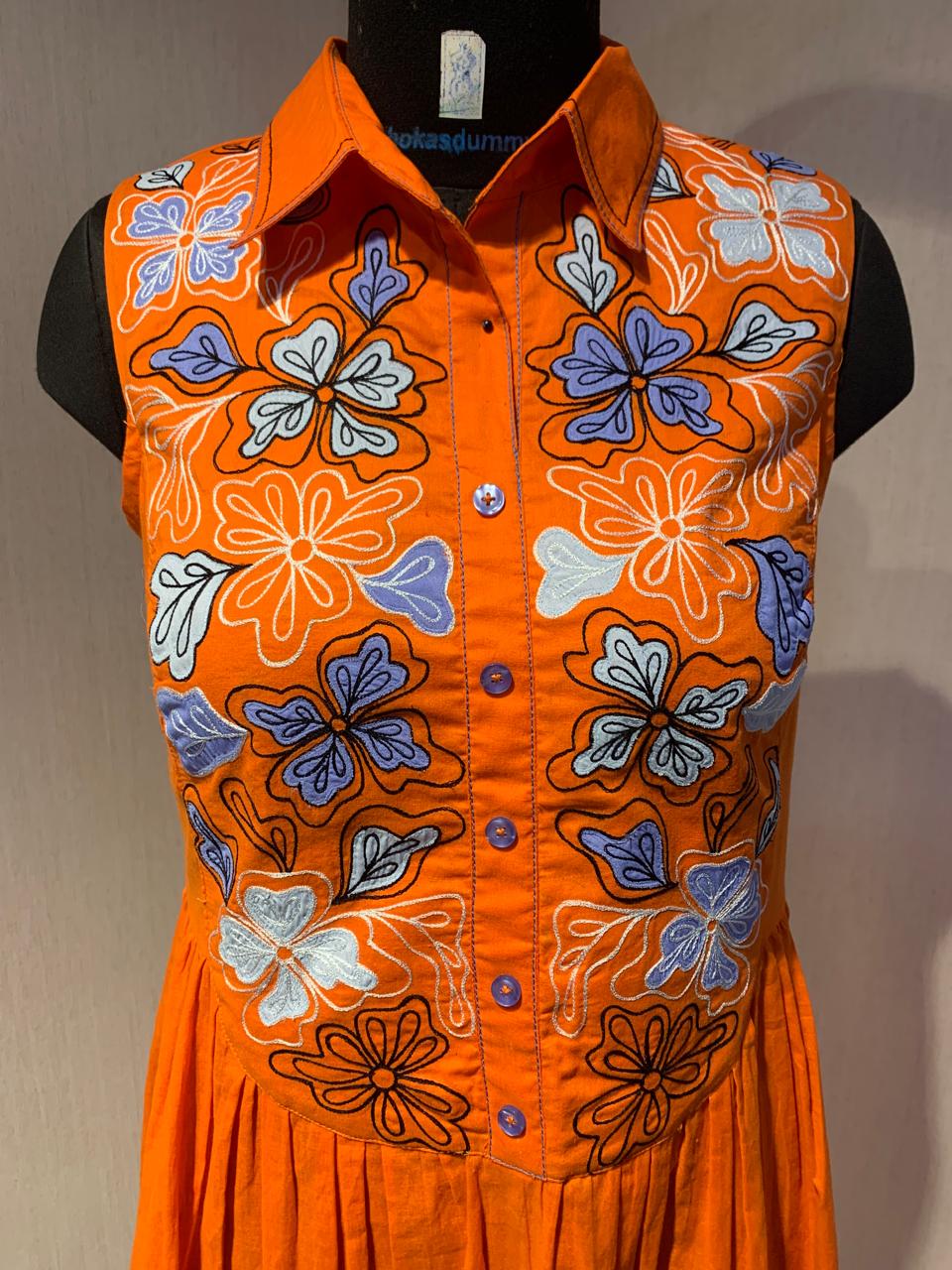 ORANGE FLORAL EMBROIDERED  DRESS WITH A STYLISH AND FRESH LOOK.