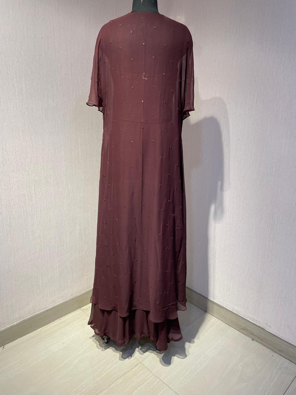 BROWN CORSET  CAPE SET WITH  FISH CUT SKIRT.