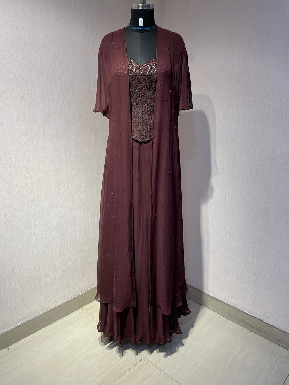 BROWN CORSET  CAPE SET WITH  FISH CUT SKIRT.