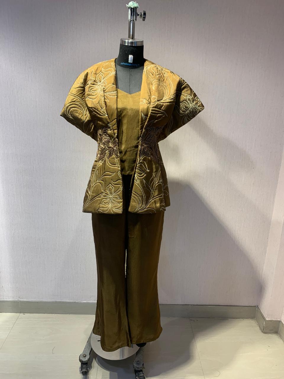 QUILTED EMBROIDERED JACKET WITH INNER & PANTS SET.