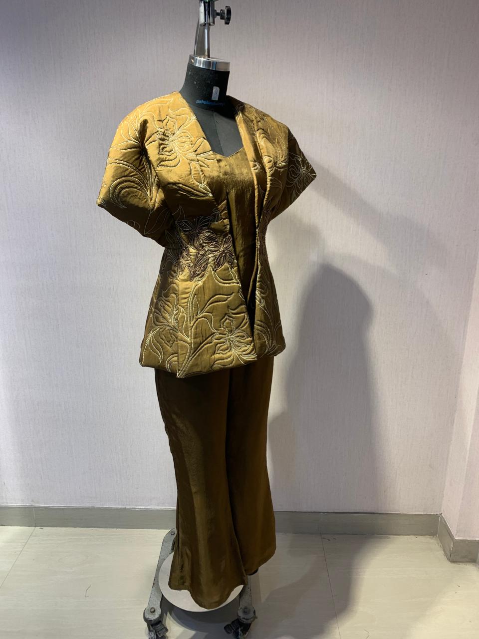 QUILTED EMBROIDERED JACKET WITH INNER & PANTS SET.