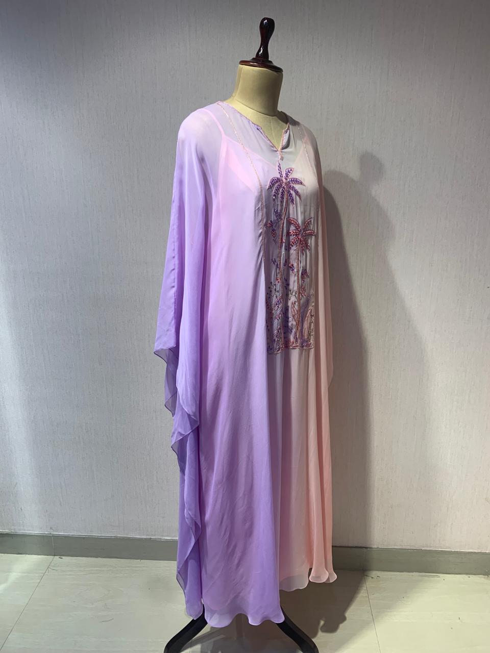 OMBRE SUNSET KAFTAN WITH TROPICAL EMBROIDERY.