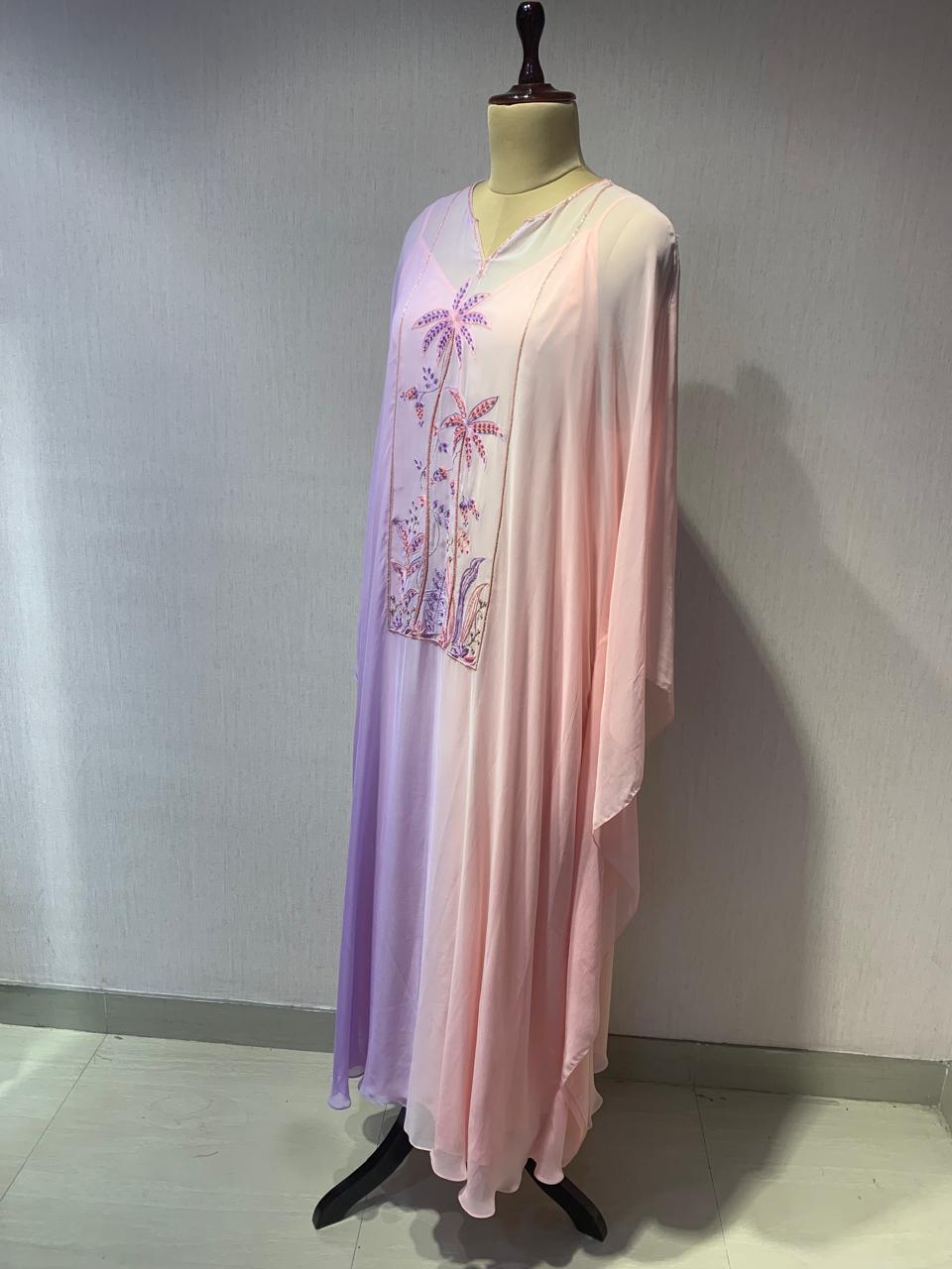 OMBRE SUNSET KAFTAN WITH TROPICAL EMBROIDERY.