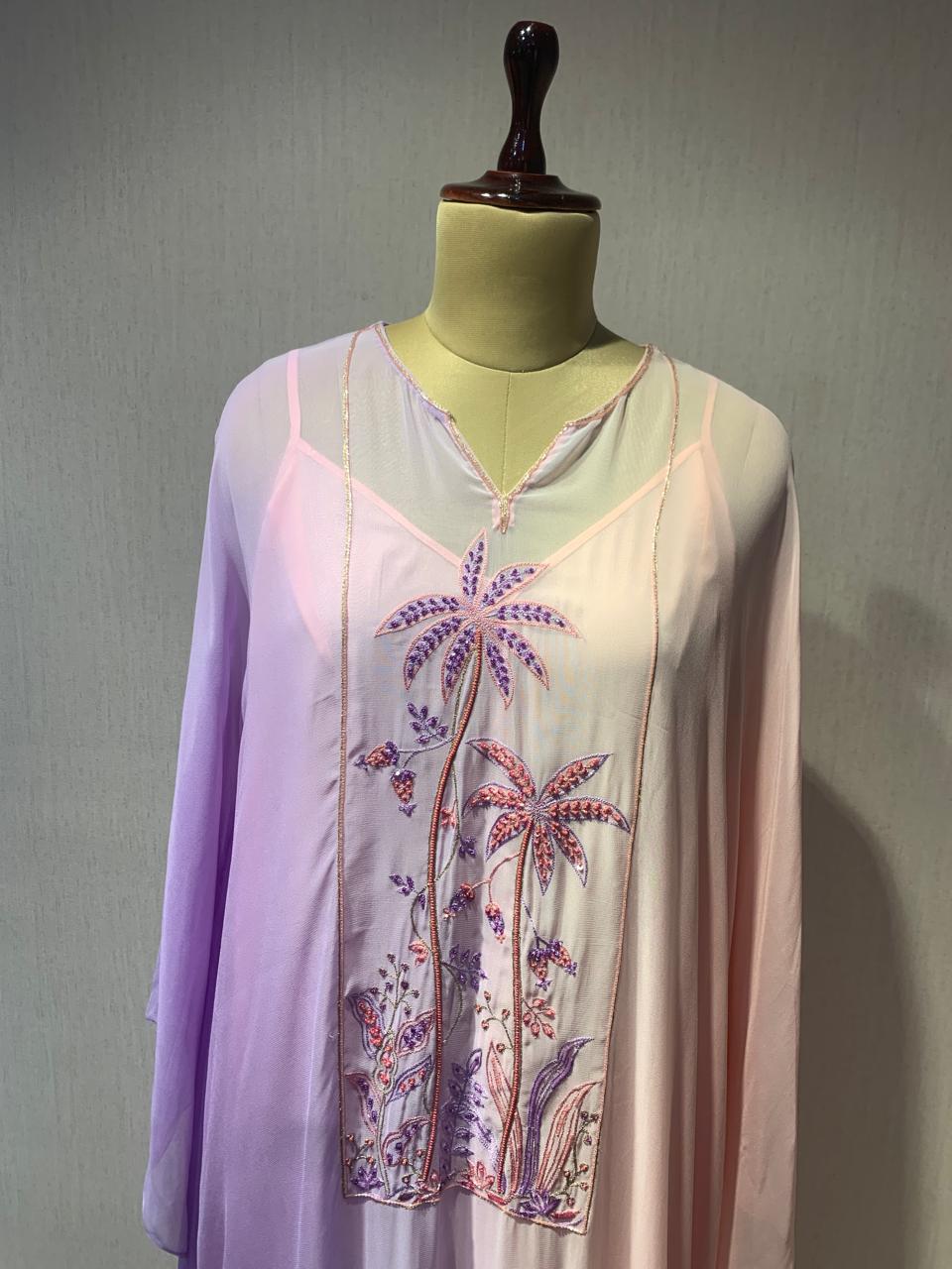 OMBRE SUNSET KAFTAN WITH TROPICAL EMBROIDERY.