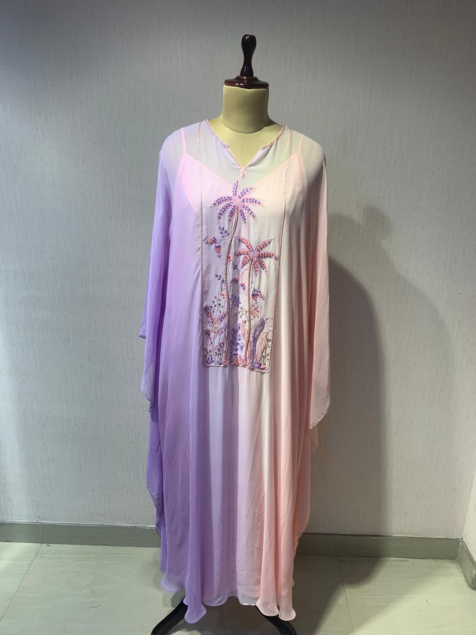 OMBRE SUNSET KAFTAN WITH TROPICAL EMBROIDERY.