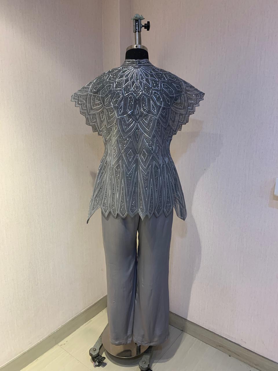 GREY EMBELLISHED JACKET WITH TOP & PANTS SET.