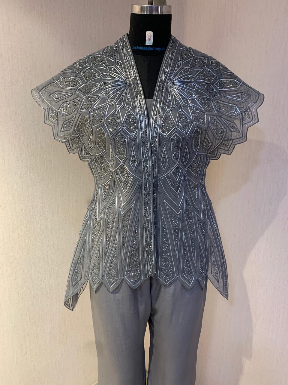 GREY EMBELLISHED JACKET WITH TOP & PANTS SET.