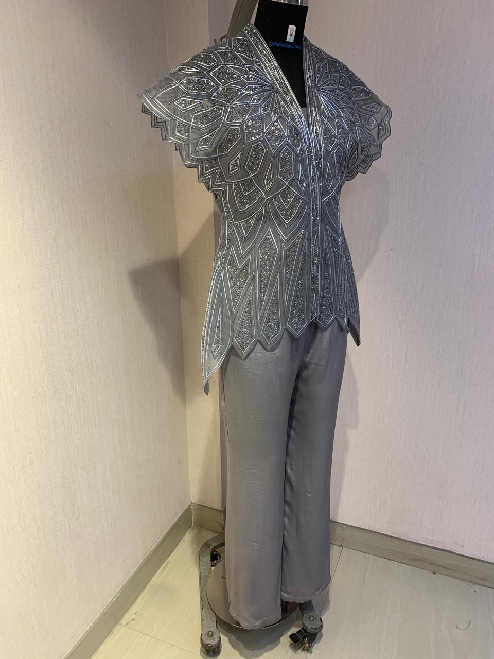 GREY EMBELLISHED JACKET WITH TOP & PANTS SET.