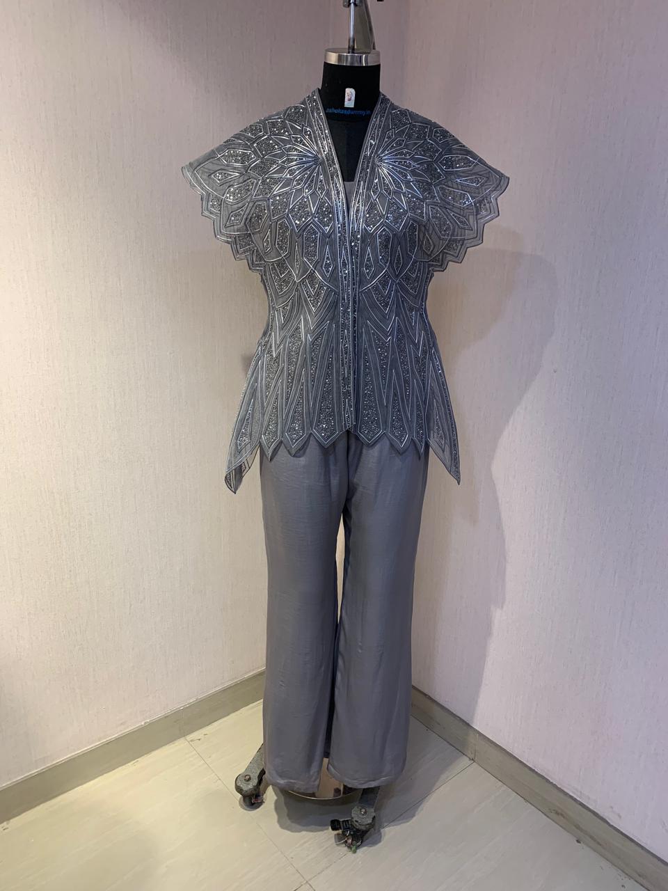 GREY EMBELLISHED JACKET WITH TOP & PANTS SET.