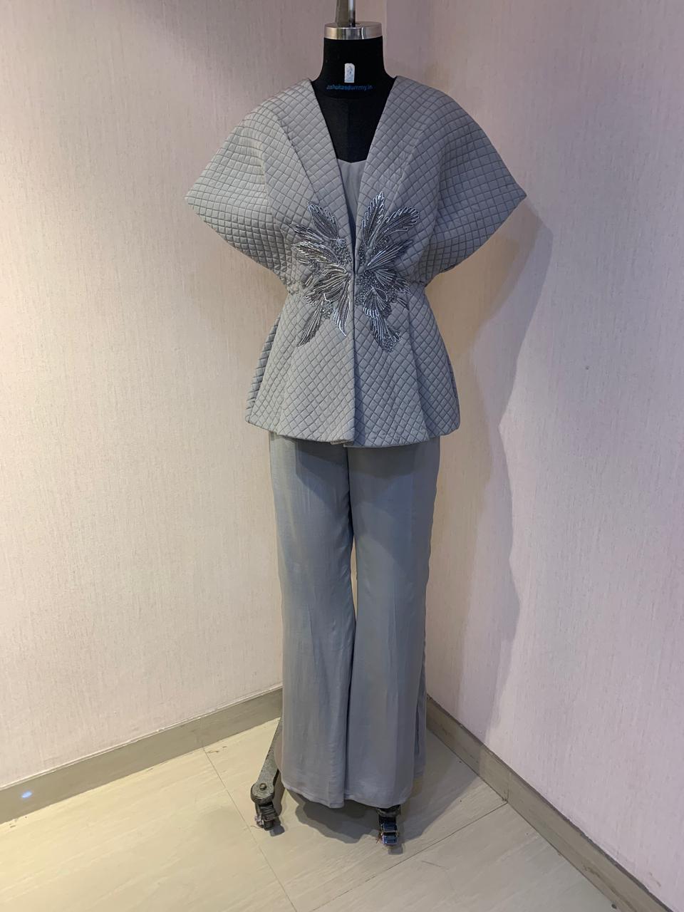 GREY QUILTED EMBROIDERED JACKET WITH INNER & PANTS SET.