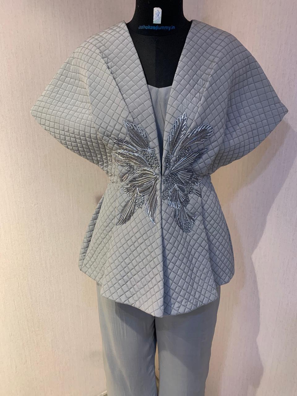 GREY QUILTED EMBROIDERED JACKET WITH INNER & PANTS SET.