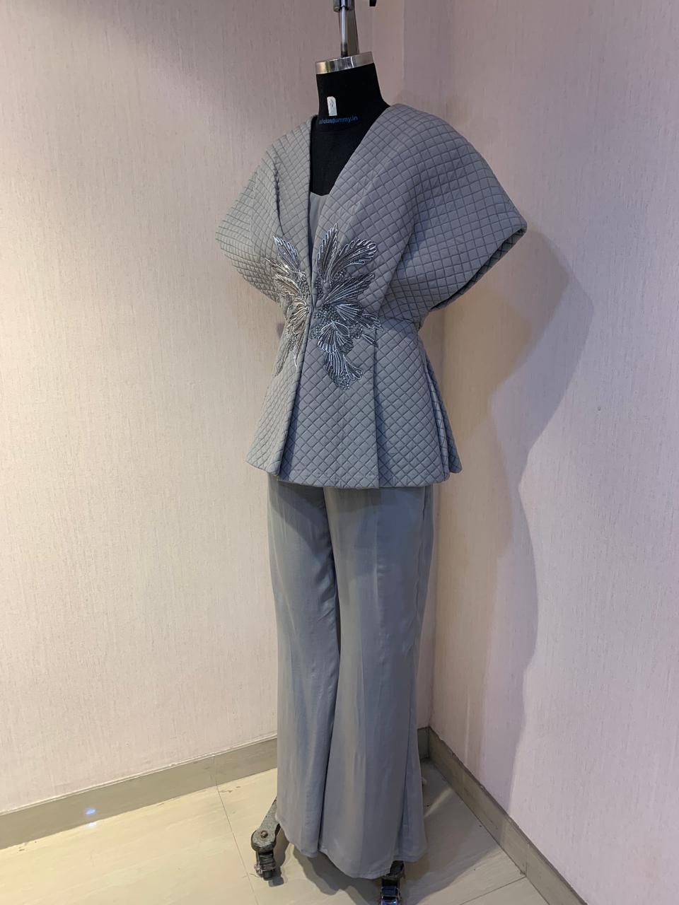 GREY QUILTED EMBROIDERED JACKET WITH INNER & PANTS SET.