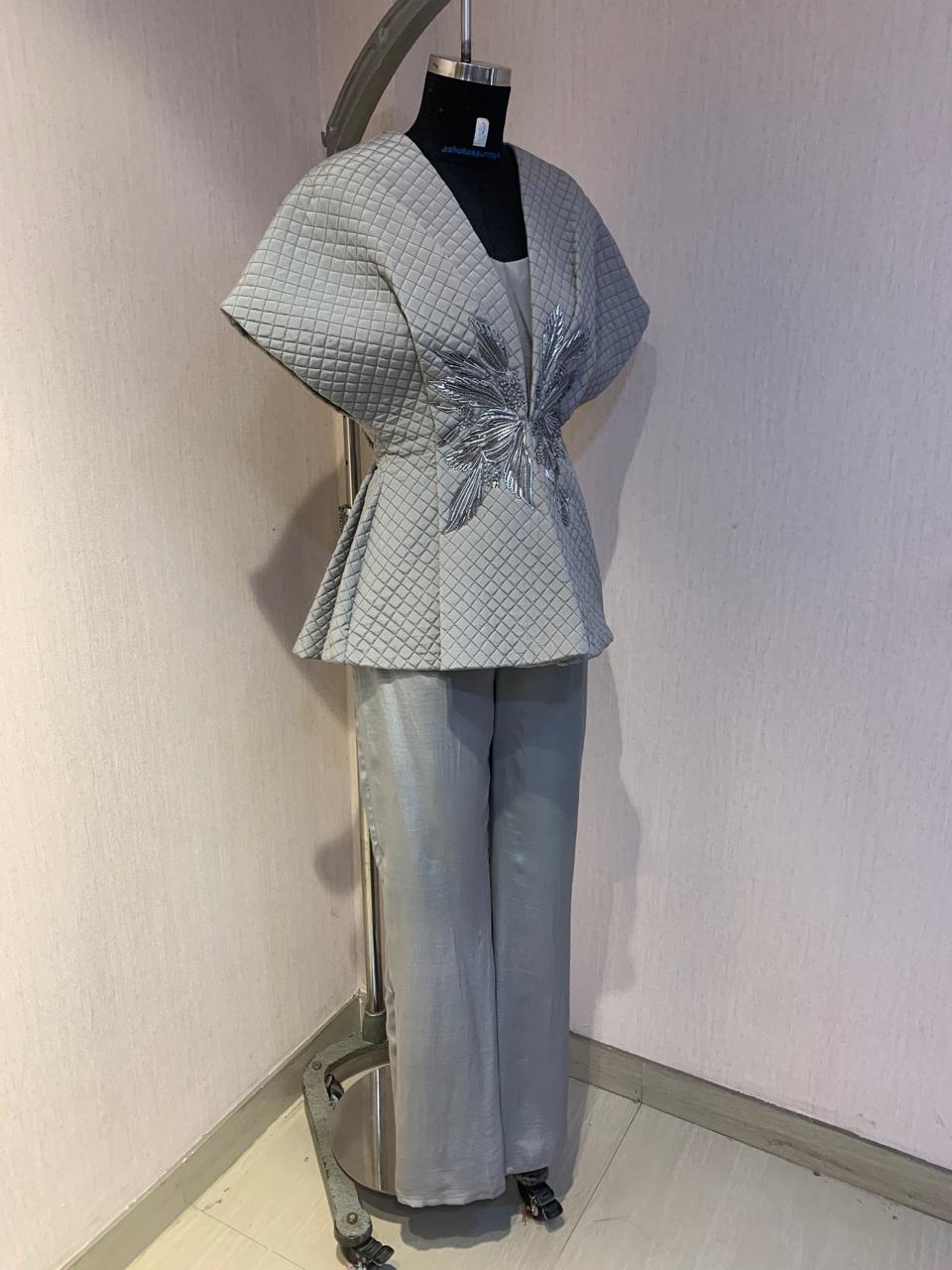 GREY QUILTED EMBROIDERED JACKET WITH INNER & PANTS SET.